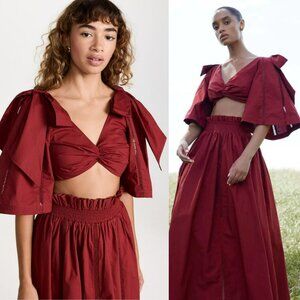 Joslin Hollie Cotton Crop Top Red Tie Front Flutter Sleeve Boho V Neck Twist